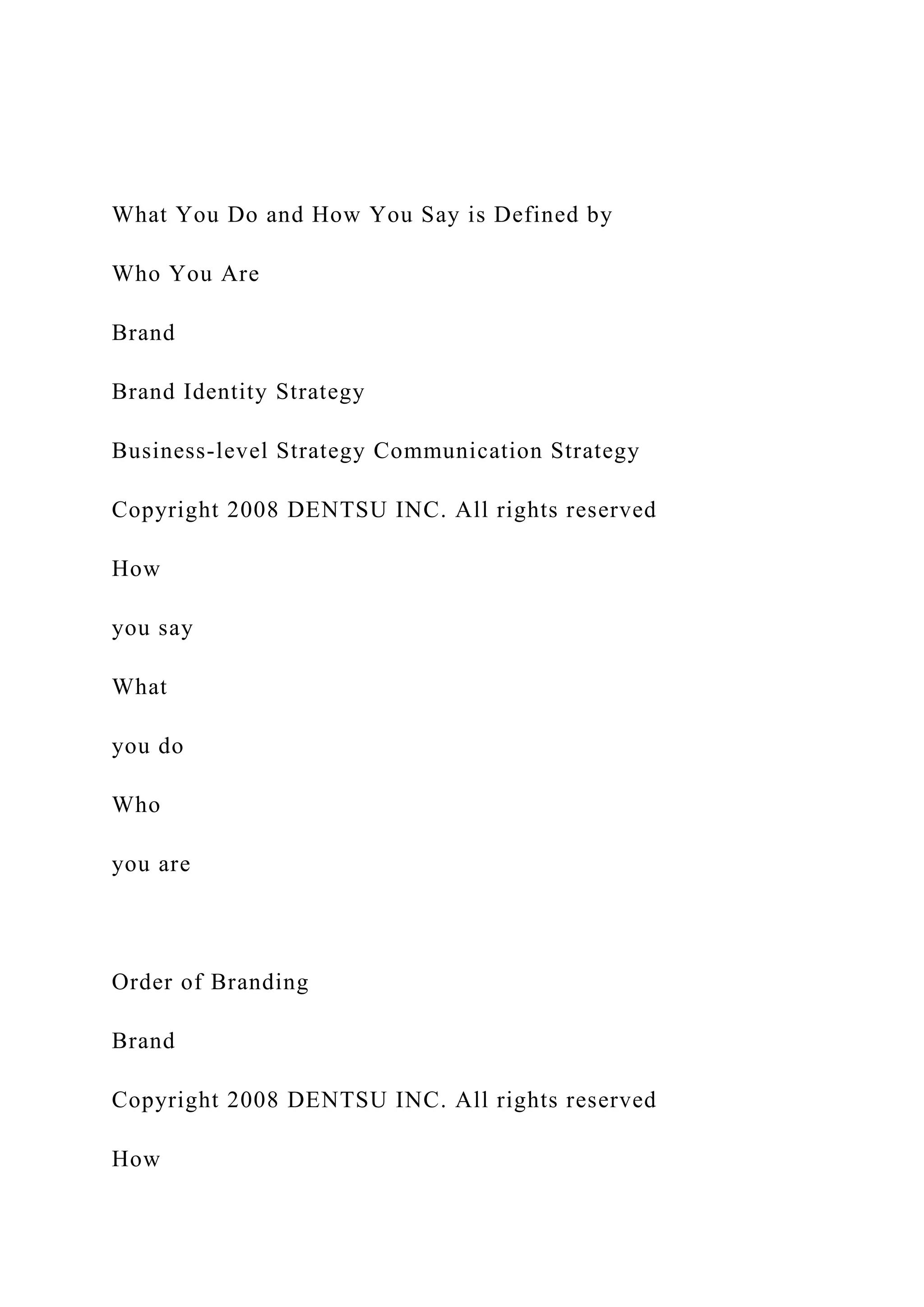 What You Do and How You Say is Defined by
Who You Are
Brand
Brand Identity Strategy
Business-level Strategy Communication Strategy
Copyright 2008 DENTSU INC. All rights reserved
How
you say
What
you do
Who
you are
Order of Branding
Brand
Copyright 2008 DENTSU INC. All rights reserved
How
 