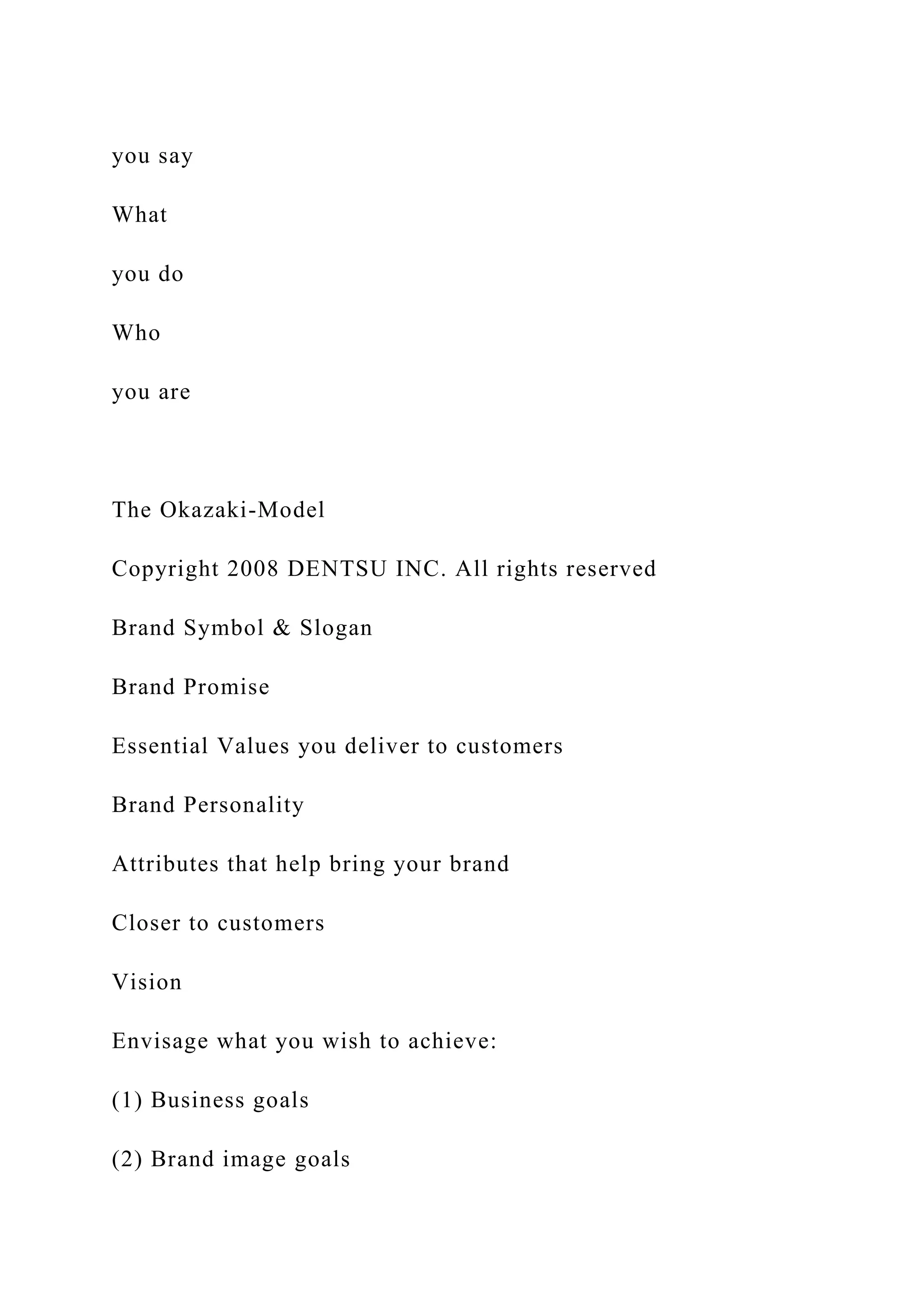 you say
What
you do
Who
you are
The Okazaki-Model
Copyright 2008 DENTSU INC. All rights reserved
Brand Symbol & Slogan
Brand Promise
Essential Values you deliver to customers
Brand Personality
Attributes that help bring your brand
Closer to customers
Vision
Envisage what you wish to achieve:
(1) Business goals
(2) Brand image goals
 