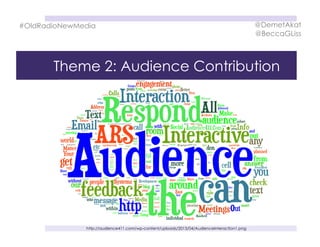 Theme 2: Audience Contribution
#OldRadioNewMedia @DemetAkat
@BeccaGLiss
http://audience411.com/wp-content/uploads/2013/04/AudienceInteraction1.png
 
