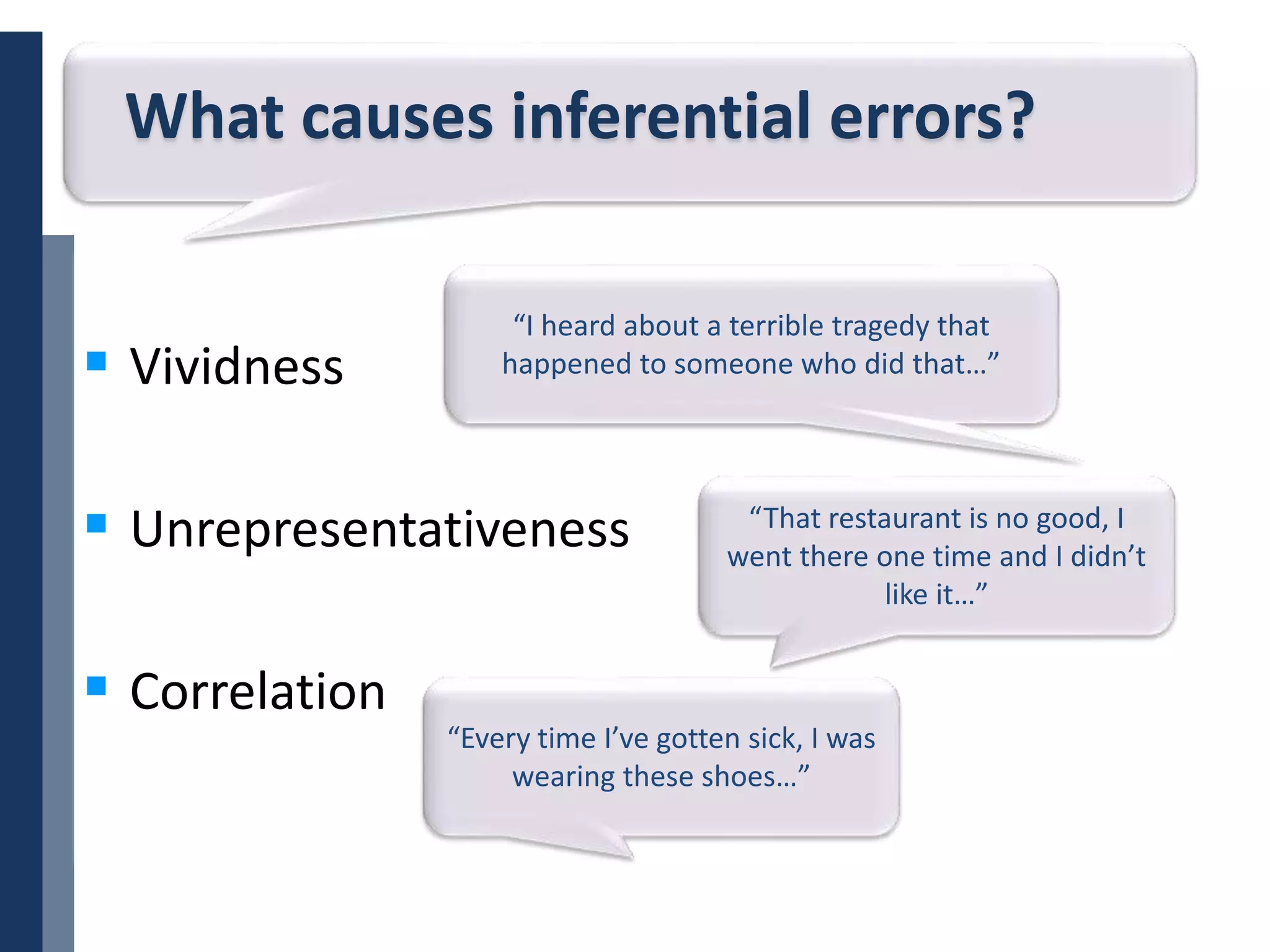 Copyright © 2014 Cengage Learning. All Rights Reserved. May not be scanned, copied or duplicated, or posted to a publicly accessible website, in whole or in part. 26
What causes inferential errors?
 Vividness
 Unrepresentativeness
 Correlation
“I heard about a terrible tragedy that
happened to someone who did that…”
“That restaurant is no good, I
went there one time and I didn’t
like it…”
“Every time I’ve gotten sick, I was
wearing these shoes…”
 