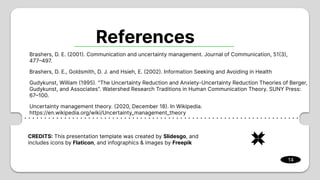 CREDITS: This presentation template was created by Slidesgo, and
includes icons by Flaticon, and infographics & images by Freepik
References
Brashers, D. E. (2001). Communication and uncertainty management. Journal of Communication, 51(3),
477–497.
Brashers, D. E., Goldsmith, D. J. and Hsieh, E. (2002). Information Seeking and Avoiding in Health
Gudykunst, William (1995). "The Uncertainty Reduction and Anxiety-Uncertainty Reduction Theories of Berger,
Gudykunst, and Associates". Watershed Research Traditions in Human Communication Theory. SUNY Press:
67–100.
Uncertainty management theory. (2020, December 18). In Wikipedia.
https://en.wikipedia.org/wiki/Uncertainty_management_theory
14
 