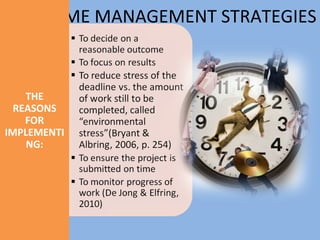TIME MANAGEMENT STRATEGIES


    THE
  REASONS
    FOR
IMPLEMENTI
    NG:
 