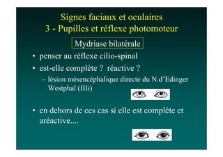 Signes faciaux et oculaires
   3 - Pupilles et réflexe photomoteur
             Mydriase bilatérale
• penser au réflexe cilio-spinal
• est-elle complète ? réactive ?
  – lésion mésencéphalique directe du N.d’Edinger
    Westphal (IIIi)


• en dehors de ces cas si elle est complète et
  aréactive....
 