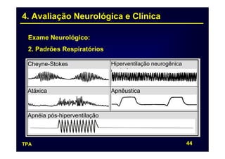 4. Avaliação Neurológica e Clínica

 Exame Neurológico:
 2. Padrões Respiratórios

 Cheyne-Stokes                Hiperventilação neurogênica
                              central


 Atáxica                      Apnêustica



 Apnéia pós-hiperventilação



TPA                                                         44
 