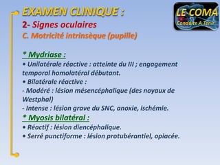 2- Signes oculaires
C. Motricité intrinsèque (pupille)

* Mydriase :
• Unilatérale réactive : atteinte du III ; engagement
temporal homolatéral débutant.
• Bilatérale réactive :
- Modéré : lésion mésencéphalique (des noyaux de
Westphal)
- Intense : lésion grave du SNC, anoxie, ischémie.

* Myosis bilatéral :
• Réactif : lésion diencéphalique.
• Serré punctiforme : lésion protubérantiel, opiacée.

 