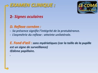2- Signes oculaires
D. Reflexe cornéen :
- Sa présence signifie l’intégrité de la protubérance.
- L’asymétrie du reflexe : atteinte unilatérale.

E. Fond d’œil : sans mydriatiques (car la taille de la pupille
est un signe de surveillance)
Œdème papillaire.
.

 