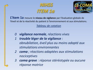 L’item 1a mesure le niveau de vigilance par l’évaluation globale de
l’éveil et de la réactivité du patient à l’environnement et aux stimulations.

Tableau de cotation

0 vigilance normale, réactions vives
1 trouble léger de la vigilance :
obnubilation, éveil plus ou moins adapté aux
stimulations environnantes
2 coma ; réactions adaptées aux stimulations
nociceptives
3 coma grave : réponse stéréotypée ou aucune
réponse motrice

 
