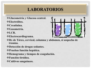 LABORATORIOS
Glucometría y Glucosa central.
Electrolitos.
Creatinina.
Gasometría.
LCR.
Electrocardiograma.
Rx de Tórax, cervical, columna y abdomen, sí sospecha de
trauma.
Detección de drogas sedantes.
Pruebas función hepática.
Hemograma y tiempos de coagulación.
Función tiroidea.
Cultivos sanguíneos.

 