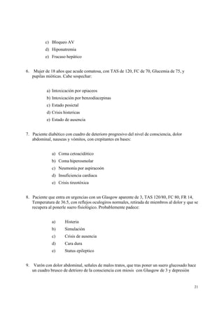 21
c) Bloqueo AV
d) Hiponatremia
e) Fracaso hepático
6. Mujer de 18 años que acude comatosa, con TAS de 120, FC de 70, Glucemia de 75, y
pupilas mióticas. Cabe sospechar:
a) Intoxicación por opiaceos
b) Intoxicación por benzodiacepinas
c) Estado posictal
d) Crisis histericas
e) Estado de ausencia
7. Paciente diabético con cuadro de deterioro progresivo del nivel de consciencia, dolor
abdominal, nauseas y vómitos, con crepitantes en bases:
a) Coma cetoacidótico
b) Coma hiperosmolar
c) Neumonía por aspiracoón
d) Insuficiencia cardiaca
e) Crisis tireotóxica
8. Paciente que entra en urgencias con un Glasgow aparente de 3, TAS 120/80, FC 80, FR 14,
Temperatura de 36.5, con reflejos oculogiros normales, retirada de miembros al dolor y que se
recupera al ponerle suero fisiológico. Probablemente padece:
a) Histeria
b) Simulación
c) Crisis de ausencia
d) Cara dura
e) Status epileptico
9. Varón con dolor abdominal, señales de malos tratos, que tras poner un suero glucosado hace
un cuadro brusco de detrioro de la consciencia con miosis con Glasgow de 3 y depresión
 