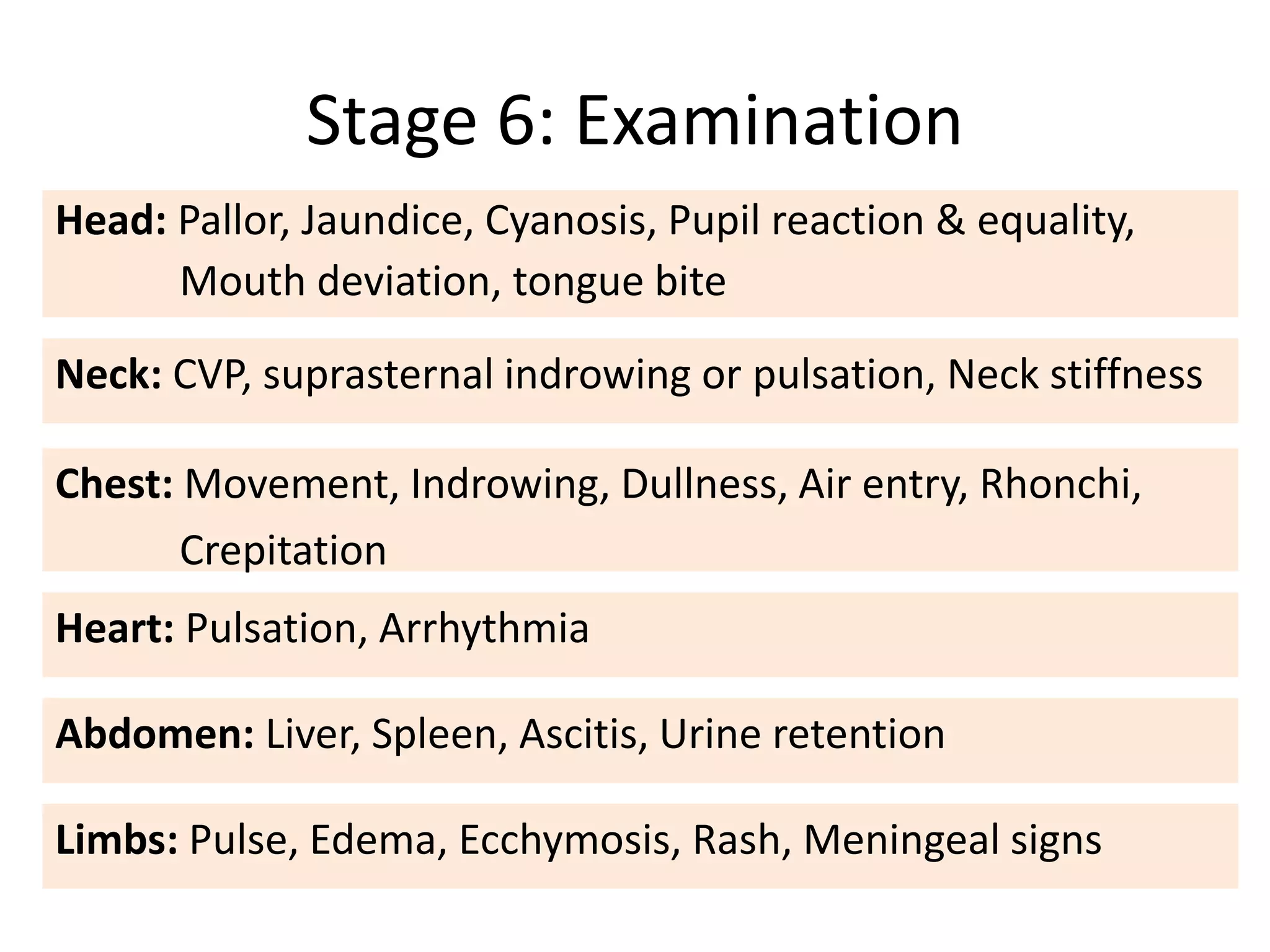 Stage 6: Examination
Head: Pallor, Jaundice, Cyanosis, Pupil reaction & equality,
Mouth deviation, tongue bite
Neck: CVP, suprasternal indrowing or pulsation, Neck stiffness
Chest: Movement, Indrowing, Dullness, Air entry, Rhonchi,
Crepitation
Heart: Pulsation, Arrhythmia
Abdomen: Liver, Spleen, Ascitis, Urine retention
Limbs: Pulse, Edema, Ecchymosis, Rash, Meningeal signs