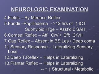 NEUROLOGIC EXAMINATION 4.Fields – By Menace Reflex 5.Fundii –Papilledema  - >12 hrs of  ↑ ICT Subhyloid H’ge – Asst’d č SAH 6.Corneal Reflex – Aff:  CrV /  Eff:  CrVII 7.Gag Reflex – Absent in BS Les / Deep coma 11.Sensory Response – Lateralizing Sensory Loss 12.Deep T.Reflex – Helps in Lateralizing 13.Plantar Reflex -- Helps in Lateralizing --  ↑ ↑  Structural / Metabolic 