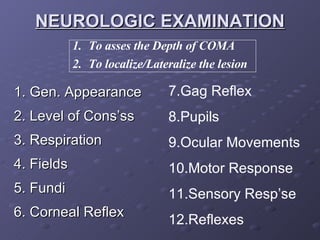 NEUROLOGIC EXAMINATION 1. Gen. Appearance 2. Level of Cons’ss 3. Respiration 4. Fields 5. Fundi 6. Corneal Reflex To asses the Depth of COMA To localize/Lateralize the lesion 7.Gag Reflex 8.Pupils 9.Ocular Movements 10.Motor Response 11.Sensory Resp’se 12.Reflexes 