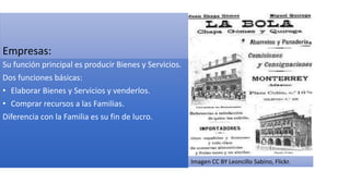 Empresas:
Su función principal es producir Bienes y Servicios.
Dos funciones básicas:
• Elaborar Bienes y Servicios y venderlos.
• Comprar recursos a las Familias.
Diferencia con la Familia es su fin de lucro.
Imagen CC BY Leoncillo Sabino, Flickr.
 