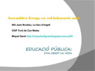 Assemblea Groga en col-laboració amb
  INS Joan Brudieu, La Seu d’Urgell

  CEIP Turó de Can Mates

  Miquel Gené http://miquelindignat.blogspot.com.es/#!/
 