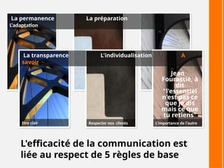 L'efficacité de la communication est
liée au respect de 5 règles de base
La permanence La préparation
L'adaptation
La transparence L'individualisation A
savoir
Etre clair Respecter nos clients L’importance de l’autre
Jean
Fourastié, à
dit
"l'essentiel
n'est pas ce
que je dis
mais ce que
tu retiens"
 