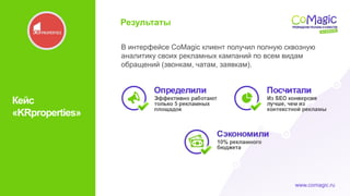 www.comagic.ru
Результаты
В интерфейсе CoMagic клиент получил полную сквозную
аналитику своих рекламных кампаний по всем видам
обращений (звонкам, чатам, заявкам).
Кейс
«KRproperties»
 