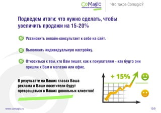 10/9www.comagic.ru
Что такое Comagic?
Подведем итоги: что нужно сделать, чтобы
увеличить продажи на 15-20%
Установить онлайн-консультант к себе на сайт.
Выполнить индивидуальную настройку.
Относиться к тем, кто Вам пишет, как к покупателям - как будто они
пришли к Вам в магазин или офис.
В результате на Ваших глазах Ваша
реклама и Ваши посетители будут
превращаться в Ваших довольных клиентов!
 