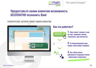 8/9www.comagic.ru
Что такое Comagic?
Предоставьте своим клиентам возможность
БЕСПЛАТНО позвонить Вам!
Как это работает?
1. Ваш клиент заходит к вам
на сайт, нажимает кнопку
«Позвонить нам бесплатно»
2. В открывающемся окне
вводит свой номер телефона
3. Вы и Ваш клиент
принимаете входящий звонок
- происходит соединение
ТУРАГЕНТСТВО, КОТОРОЕ ЛЮБИТ СВОИХ КЛИЕНТОВ
+7
 