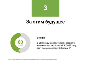 За этим будущее
Deloitte: 
 
В 2021 году ожидается пик развития
когнитивных технологий. К 2025 году 
этот рынок составит 60 млрд. $*
* https://www2.deloitte.com/us/en/pages/deloitte-analytics/articles/analytics-trends.html
3
 