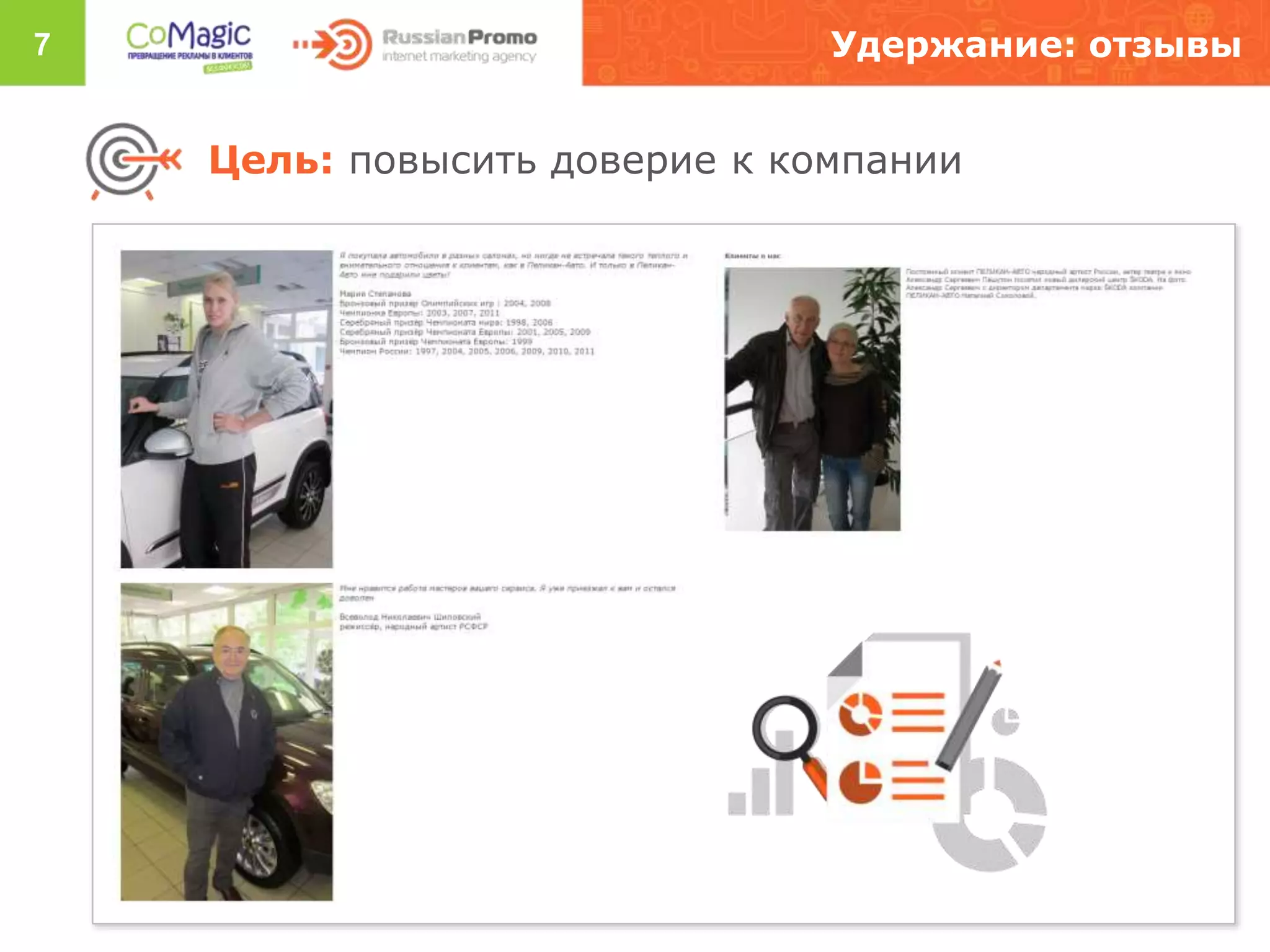 7 Удержание: отзывы
Цель: повысить доверие к компании
 