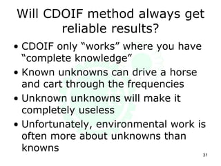 Will CDOIF method always get
reliable results?
• CDOIF only “works” where you have
“complete knowledge”
• Known unknowns can drive a horse
and cart through the frequencies
• Unknown unknowns will make it
completely useless
• Unfortunately, environmental work is
often more about unknowns than
knowns
31
 