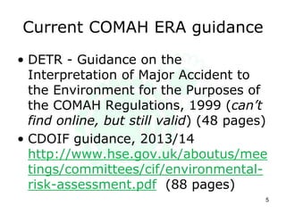 Current COMAH ERA guidance
• DETR - Guidance on the
Interpretation of Major Accident to
the Environment for the Purposes of
the COMAH Regulations, 1999 (can’t
find online, but still valid) (48 pages)
• CDOIF guidance, 2013/14
http://www.hse.gov.uk/aboutus/mee
tings/committees/cif/environmental-
risk-assessment.pdf (88 pages)
5
 