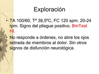 Exploración
• TA 100/60, Tª 38,5ºC, FC 120 spm. 20-24
rpm. Signo del pliegue positivo. BmTest
HI.
• No responde a órdenes, no abre los ojos
retirada de miembros al dolor. Sin otros
signos de disfunción neurológica.
 