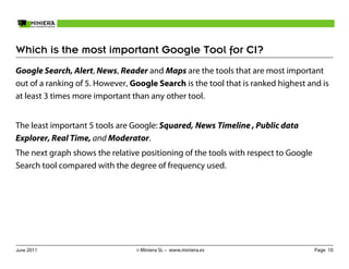 Which is the most important Google Tool for CI?
Google Search, Alert, News, Reader and Maps are the tools that are most important
out of a ranking of 5. However, Google Search is the tool that is ranked highest and is
at least 3 times more important than any other tool.


The least important 5 tools are Google: Squared, News Timeline , Public data
Explorer, Real Time, and Moderator.
The next graph shows the relative positioning of the tools with respect to Google
Search tool compared with the degree of frequency used.




June 2011                        © Miniera SL – www.miniera.es                      Page 10
 