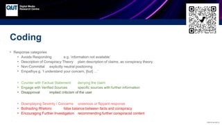 CRICOS No.00213J
Coding
• Response categories
• Avoids Responding e.g. ‘information not available’
• Description of Conspiracy Theory plain description of claims, as conspiracy theory
• Non-Committal explicitly neutral positioning
• Empathye.g. ‘I understand your concern, [but] …’
• Counter with Factual Statement denying the claim
• Engage with Verified Sources specific sources with further information
• Disapproval implied criticism of the user
• Downplaying Severity / Concerns unserious or flippant response
• Bothsiding Rhetoric false balance between facts and conspiracy
• Encouraging Further Investigation recommending further conspiracist content
 