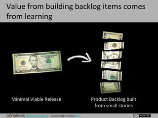 www.comakewith.us :: youshould@comakewith.us
Value from building backlog items comes
from learning
Minimal Viable Release Product Backlog built
from small stories
 