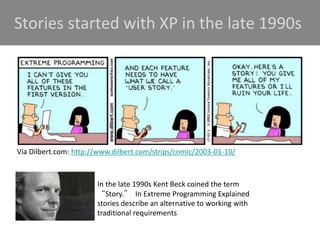 Via Dilbert.com: http://www.dilbert.com/strips/comic/2003-01-10/
Stories started with XP in the late 1990s
In the late 1990s Kent Beck coined the term
“Story.” In Extreme Programming Explained
stories describe an alternative to working with
traditional requirements
 