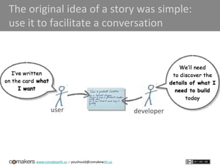 www.comakewith.us :: youshould@comakewith.us
user
The original idea of a story was simple:
use it to facilitate a conversation
developer
 