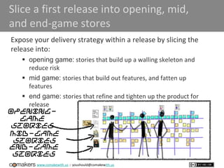 www.comakewith.us :: youshould@comakewith.us
Slice a first release into opening, mid,
and end-game stores
Expose your delivery strategy within a release by slicing the
release into:
 opening game: stories that build up a walling skeleton and
reduce risk
 mid game: stories that build out features, and fatten up
features
 end game: stories that refine and tighten up the product for
release
opening-
game
stories
mid-game
stories
end-game
stories
 