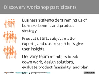 www.comakewith.us :: youshould@comakewith.us
Discovery workshop participants
Business stakeholders remind us of
business benefit and product
strategy
Product users, subject matter
experts, and user researchers give
user insights
Delivery team members break
down work, design solutions,
evaluate product feasibility, and plan
delivery
 
