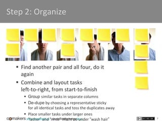 www.comakewith.us :: youshould@comakewith.us 7
Step 2: Organize
 Find another pair and all four, do it
again
 Combine and layout tasks
left-to-right, from start-to-finish
 Group similar tasks in separate columns
 De-dupe by choosing a representative sticky
for all identical tasks and toss the duplicates away
 Place smaller tasks under larger ones
“lather” and “rinse” might go under “wash hair”
 