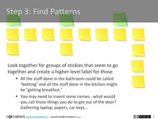 www.comakewith.us :: youshould@comakewith.us
Look together for groups of stickies that seem to go
together and create a higher-level label for those
 All the stuff done in the bathroom could be called
“bathing” and all the stuff done in the kitchen might
be “getting breakfast.”
 You may need to invent some names - what would
you call those things you do to get out of the door?
Gathering laptop, papers, car keys...
9
Step 3: Find Patterns
 