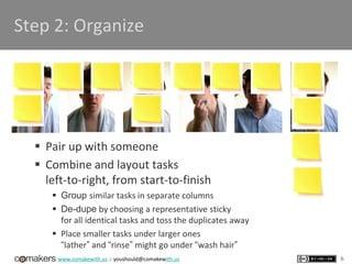 www.comakewith.us :: youshould@comakewith.us 6
Step 2: Organize
 Pair up with someone
 Combine and layout tasks
left-to-...