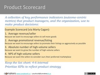 www.comakewith.us :: youshould@comakewith.us
Product Scorecard
A collection of key performance indicators (outcome-centric...