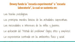 Dewey funda la “escuela experimental” o “escuela
laboratorio”, la cual se sustenta en:
Las teorías psicológicas.
Los principios morales básicos de las actividades cooperativas.
Las necesidades e intereses de los niños y jóvenes.
La aplicación del “Método del problema” (lógico, ético y empírico).
La experiencia centrada en los ambientes físico y social.
 