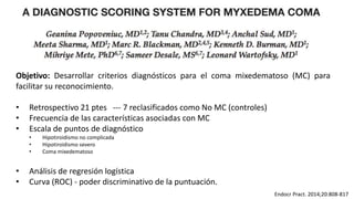 Endocr Pract. 2014;20:808-817
Objetivo: Desarrollar criterios diagnósticos para el coma mixedematoso (MC) para
facilitar su reconocimiento.
• Retrospectivo 21 ptes --- 7 reclasificados como No MC (controles)
• Frecuencia de las características asociadas con MC
• Escala de puntos de diagnóstico
• Hipotiroidismo no complicada
• Hipotiroidismo severo
• Coma mixedematoso
• Análisis de regresión logística
• Curva (ROC) - poder discriminativo de la puntuación.
 