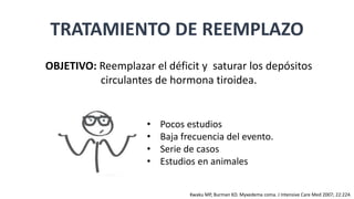 TRATAMIENTO DE REEMPLAZO
OBJETIVO: Reemplazar el déficit y saturar los depósitos
circulantes de hormona tiroidea.
• ¿Cuál hormona tiroidea administrar?
• ¿Cómo administrala?
• ¿Cuál es la dosis?
• ¿Cuál es el mejor regimen de manejo?
• Pocos estudios
• Baja frecuencia del evento.
• Serie de casos
• Estudios en animales
Kwaku MP, Burman KD. Myxedema coma. J Intensive Care Med 2007; 22:224.
 