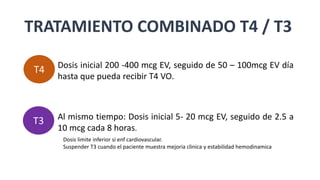 T4
T3
TRATAMIENTO COMBINADO T4 / T3
Dosis inicial 200 -400 mcg EV, seguido de 50 – 100mcg EV día
hasta que pueda recibir T4 VO.
Al mismo tiempo: Dosis inicial 5- 20 mcg EV, seguido de 2.5 a
10 mcg cada 8 horas.
Dosis limite inferior si enf cardiovascular.
Suspender T3 cuando el paciente muestra mejoria clinica y estabilidad hemodinamica
 