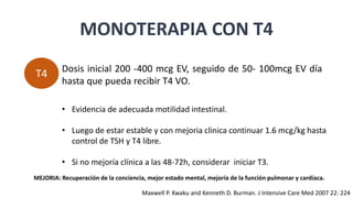 MONOTERAPIA CON T4
T4 Dosis inicial 200 -400 mcg EV, seguido de 50- 100mcg EV día
hasta que pueda recibir T4 VO.
• Evidencia de adecuada motilidad intestinal.
• Luego de estar estable y con mejoria clinica continuar 1.6 mcg/kg hasta
control de TSH y T4 libre.
• Si no mejoría clínica a las 48-72h, considerar iniciar T3.
MEJORIA: Recuperación de la conciencia, mejor estado mental, mejoría de la función pulmonar y cardíaca.
Maxwell P. Kwaku and Kenneth D. Burman. J Intensive Care Med 2007 22: 224
 