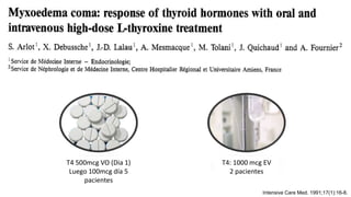 T4: 1000 mcg EV
2 pacientes
T4 500mcg VO (Dia 1)
Luego 100mcg día 5
pacientes
Intensive Care Med. 1991;17(1):16-8.
 