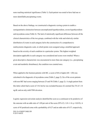 DOI:10.4158/EP13460.OR
© 2013 AACE.
none reaching statistical significance (Table 1). Each patient was noted to have had one or
more identifiable precipitating events.
Based on the above findings, we constructed a diagnostic scoring system to enable a
semiquantitative distinction between uncomplicated hypothyroidism, severe hypothyroidism
and myxedema coma (Table 4). The lack of statistically significant difference between all the
clinical characteristics of the two groups, combined with the wide and relatively similar
distribution of events in each category led to the construction of a comprehensive
multisystemic diagnostic scale, in which points were assigned using a stratified approach
based on the severity of each condition in a particular system. The highest weighted
description applicable in each category was considered and scores were totalled. When a
given descriptive characteristic was encountered in more than one category (i.e., precipitating
event and metabolic disturbance), the condition was counted once.
When applied to the fourteen patients with MC, a score of 60 or higher (60 - 120) was
calculated to be diagnostic of myxedema coma (Table 2, page 2). Six of the seven patients
with non-MC had scores ranging between 25 and 50 (Table 3, page 2). A single patient from
this latter cohort had a score of 110, but he was excluded because of a normal free T4 of 1.14
ng/dL and an only mild TSH elevation.
Logistic regression univariate analysis identified the score as a continuum to be predictive of
the outcome with an odds ratio of 1.09 per unit of the score (95% CI, 1.01-1.16; p =0.019). A
score of 45 predicted coma with a probability of 0.27 and an odds ratio of 0.37, respectively,
 