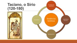 Taciano, o Sírio
(120-180)
Tendências
heréticas
Proibição do
casamento
Abstinência
de carne
Maniqueísmo
Encratismo
 