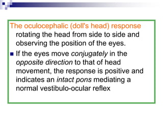 The oculocephalic (doll's head) response
rotating the head from side to side and
observing the position of the eyes.
 If the eyes move conjugately in the
opposite direction to that of head
movement, the response is positive and
indicates an intact pons mediating a
normal vestibulo-ocular reflex
 