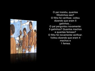 O pai insistiu, quantos filhotinhos sao?O filho foi verificar, voltou dizendo que eram 5 gatinhos…O pai perguntou novamente: 5 gatinhos? Quantos machos e quantas femeas?O filho foi novamente verificar.  Voltou dizendo que eram 4 machos e1 femea.