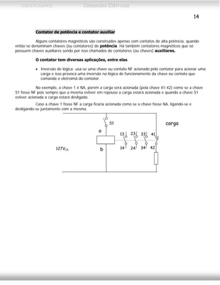 CEFETCAMPOS Comandos Elétricos
14
Contator de potência e contator auxiliar
Alguns contatores magnéticos são construídos apenas com contatos de alta potência, quando
então se denominam chaves (ou contatores) de potência. Há também contatores magnéticos que só
possuem chaves auxiliares sendo por isso chamados de contatores (ou chaves) auxiliares.
O contator tem diversas aplicações, entre elas:
• Inversão de lógica: usa-se uma chave ou contato NF acionado pelo contator para acionar uma
carga e isso provoca uma inversão na lógica de funcionamento da chave ou contato que
comanda o eletroímã do contator.
No exemplo, a chave 1 é NA, porém a carga será acionada (pela chave 41-42) como se a chave
S1 fosse NF pois sempre que a mesma estiver em repouso a carga estará acionada e quando a chave S1
estiver acionada a carga estará desligada.
Caso a chave 1 fosse NF a carga ficaria acionada como se a chave fosse NA, ligando-se e
desligando-se juntamente com a mesma.
b
a
13
14 24
23 33
34
41
42127VCA
S1 carga
MAURÍCIO FRANCO 2001
 
