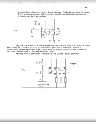 CEFETCAMPOS Comandos Elétricos
16
• Memorização de acionamento: Através de uma das chaves (então chamada chave ou contato
de selo ou de auto-retenção-) pode-se manter o contator acionado após um acionamento
momentâneo da chave que o acionou .
Após se acionar a chave S1 as cargas ficarão acionadas como se a chave se mantivesse acionada
pois o contato 13-14 manterá o contator acionado mesmo após a abertura da chave 1, até que a
alimentação do contator seja desfeita, o que pode ser fieto pela abertura de um contato NF, inserido em
série com o eletroímã, como o S2 no diagrama visto a seguir.
O botão 1 aciona o contator que se mantem por selo. O botão 2 desliga o contator.
b
a 13
14 24
23 33
34
41
42
127VCA
S1
b
a
13
14
24
23 33
34
41
42
127VCA
S1 cargas
S2 K1
K1
MAURÍCIO FRANCO 2001
 